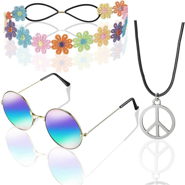 Hippie kostym Set Inkludera Peace Sign Halsband Pannband Hår Krans Solglasögon 60-talet 70-tals dressing för kvinnor