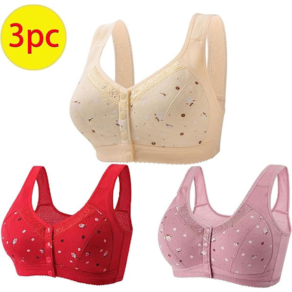3-pack Sportbehåar med Framknäppning för Kvinnor - UK Rea - Trådlös Stöd, Fullt Täckande, Push-Up, Bekväma Breda Band, Vardag A0803 A6 Red 2XL