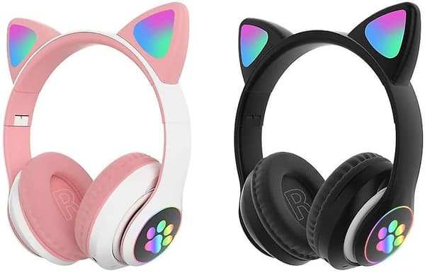 Gaming Headset, Stereo Gaming Headset Søde Katteøre Hovedtelefoner Med Støjreducerende Mikrofon LED Lys, Bluetooth 5.0 Trådløst Gaming Headset PC Headset Til