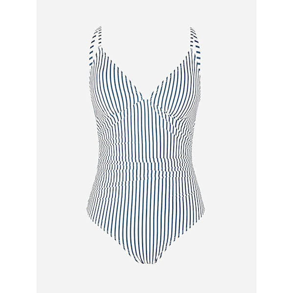 Dame Badedragt Heldragt V-hals Mavekontrol Rynket Front Lav Ryg Striped M