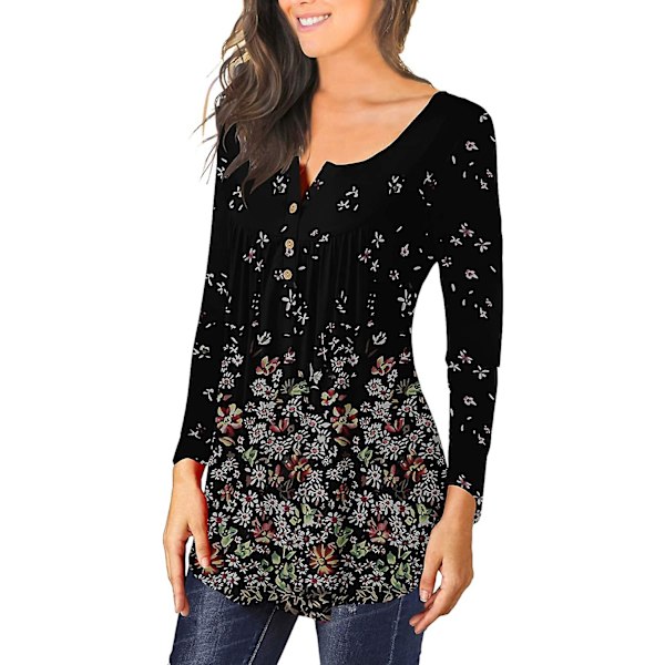 Dame Tunika Topper Ensfarget Plissert V-hals Knapper Bluse Blomstertrykte Damer Feather 2XL