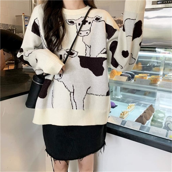 Vintage Cow Print Sweater - Casual Lös Harajuku Damtröjor, japansk Kawaii Cute Pullover