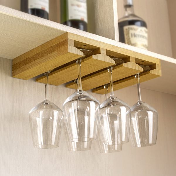 Bambus Vinglas Hållare, Håller Upp till 6 Vinglas, Hängande Vinställ Display Rack, Under Skåp Monterad Vinglas Torkning Förvaring Hängare Organizer