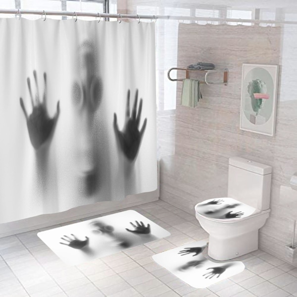 Set med 4 Halloween-duschdraperier med halkfria mattor, toalettlock och badrumsmatta, lång ansiktsmonster-duschdraperi med 12 krokar, skräckdusch