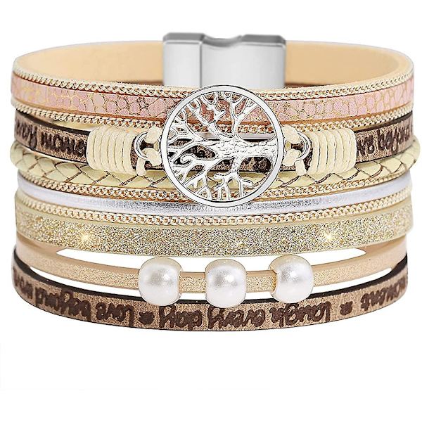Livets Träd Armband Flerskikts Läder Wrap Manschett Bangle Magnet Spänne