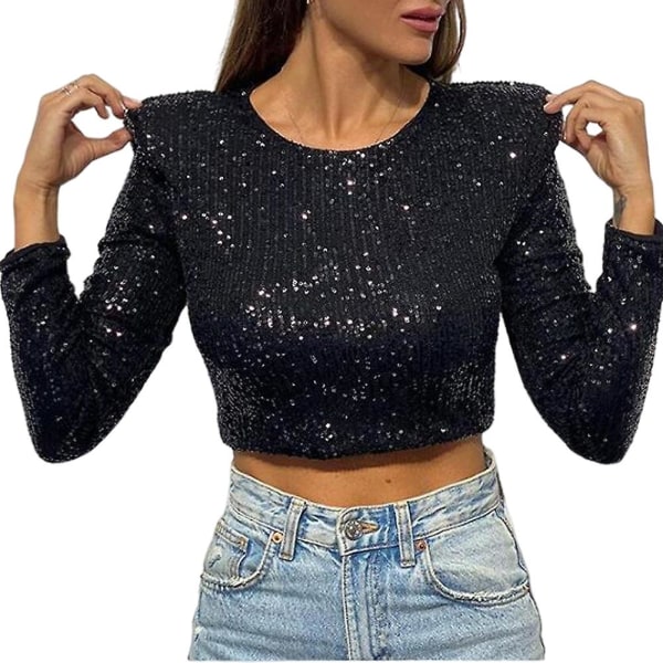 Y2k Party Sequin Crop Top Toppe, Langærmet Bluse Skjorte, Elegant 90'er Vintage Stil Jakke, Slim Fit O-hals T-shirt. Sort S Black S