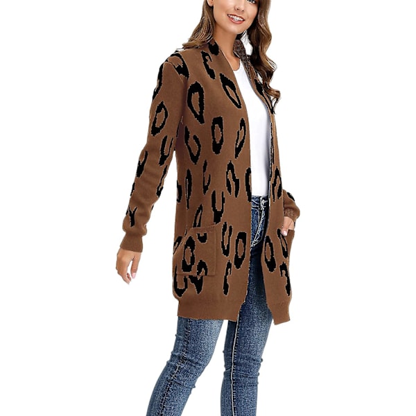 Essential Leopard Print Lång stickad cardigantröja med öppen framsida för kvinnor S