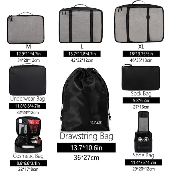 8 Set Packningskuber Resväskeförpackningsorganisatörer för resetillbehör grey
