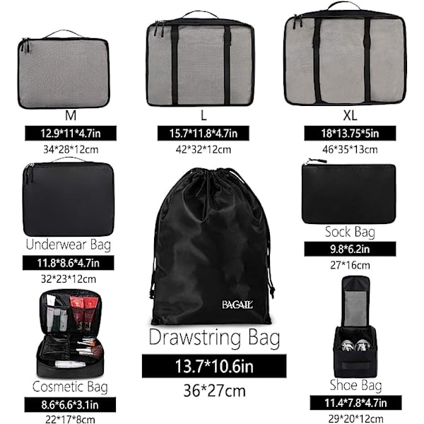8 Set Packningskuber Resväskor Packningsorganisatörer för Reseaccessoarer Black