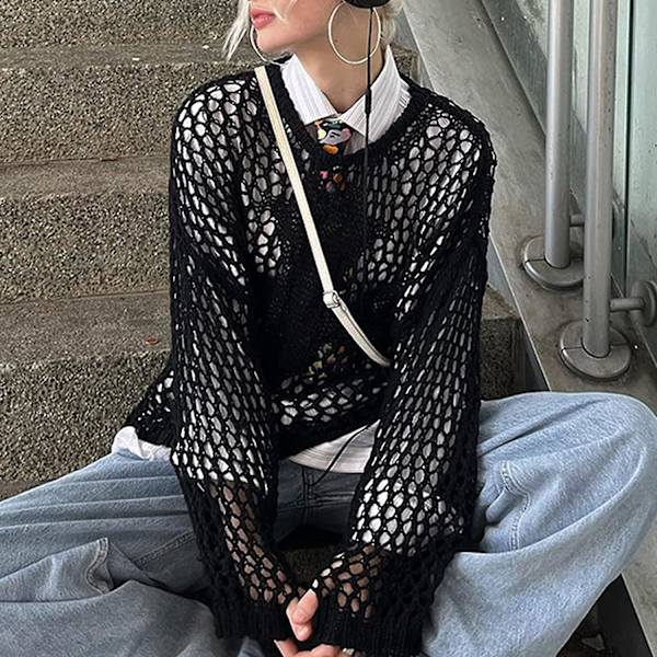 Dame Hul Ud Hæklet Strik Trøje Crop Tops Langærmet Trøje Cropped Style 1 M