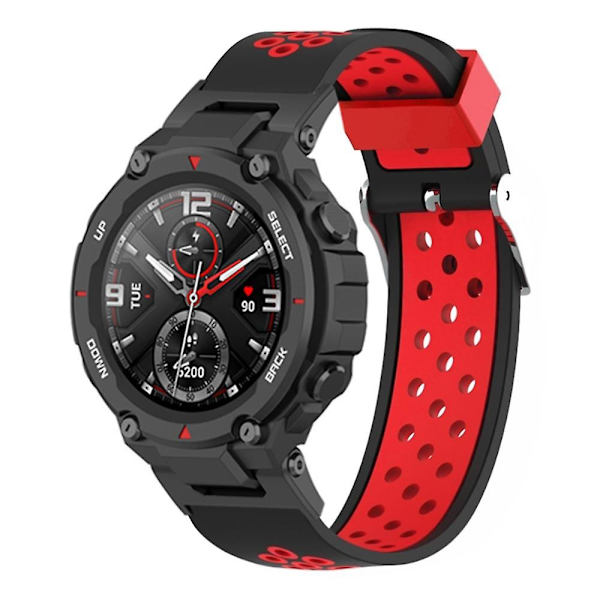 Kaksivärinen 22mm vaihto silikoni kellon ranneke Huami Amazfit T-Rex(Pro)/Ares -kelloon Black  Red
