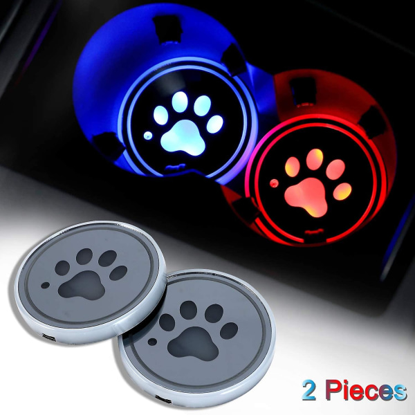 2-pack LED-kopphållarlampor, hundtass bilunderlägg med 7 färger växlande USB laddningsmatta, självlysande kopp P Interiör atmosfärlampa dekorationsljus