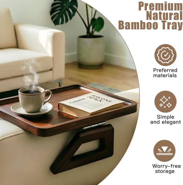Sofabrett Armlener Tre 33x24cm, Sofabrett Armlene Sammenleggbart, Sofabrett med Klemme, Sofahylle og Armlenebrett for Drikke, Snacks, Fjernkontroll (