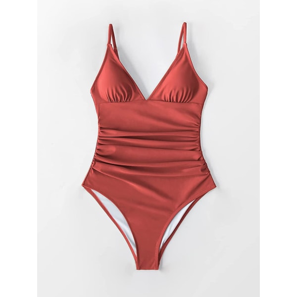 Dame Badedragt Heldragt V-hals Mavekontrol Rynket Front Lav Ryg Red M