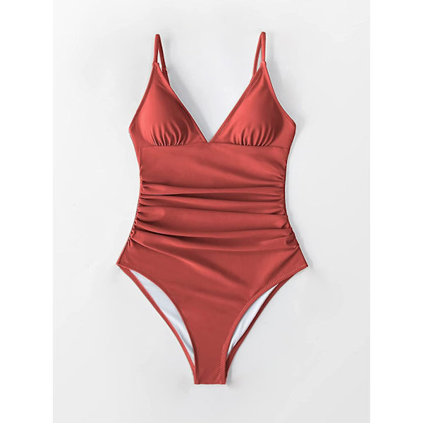 Dame Badedragt Heldragt V-hals Mavekontrol Rynket Front Lav Ryg Red XL