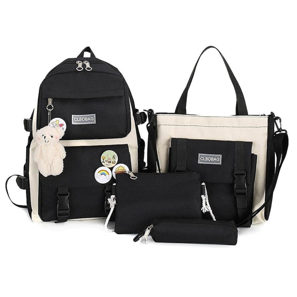 4 st/set skolryggsäckar för kvinnor, skolväska i canvas med prästkrage för tonåringar, flickor, studenter, högskoleväska, pojkar, axelväska, bolsas mochilas E black