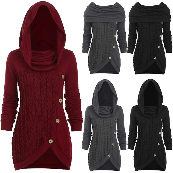 Dame plus size ensfarvet syning fastgørelse dekoration hætteklædte uregelmæssig strik sweater Wine red M