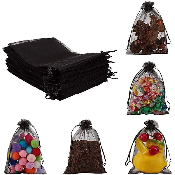 100 kpl 13x18 cm Mustia Organza-kiristysnyörillisiä Pusseja Häälahjoiksi, Lahjapusseja, Korupusseja Halloween-karkkeihin, Syntymäpäiville, Juhliin, Jouluun