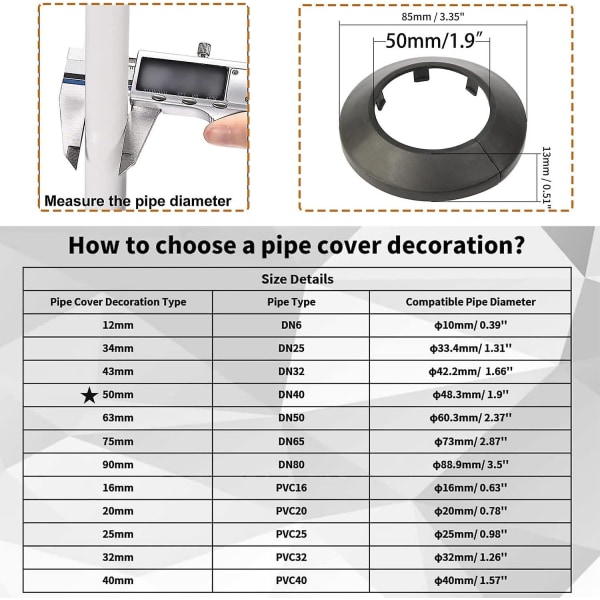 4 kpl 1,9 tuuman putkelle sopiva PP-muovilaippaputken suojus koristelu musta peitelevy kaulus putken suojus patteri seinäputken putken koristeluun Black 1.9inches pipe Dia