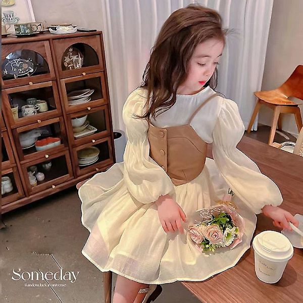Vår höst baby kostymer flickväst + långärmade klänningar 2 stycken barn söt prinsessklänning barn chiffong vestido 2 to10t Beige 150
