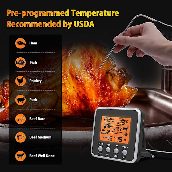 LCD Digital Matlagning Mat Kött Rökugn Ugn Kök Bbq Grill Termometer Klocka Timer Med Rostfritt Stål Sond