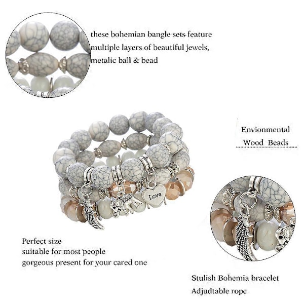 Enkel Bohemisk Pärl-Elefantvingar LOVE Mönster Boll Armband beige