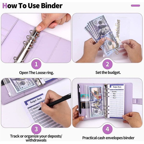 Budsjettperm med kontantkonvolutter, pengebesparende perm, kontantkonvolutter for budsjettering, pengeorganisator for kontanter, budsjettperm for å spare penger Purple