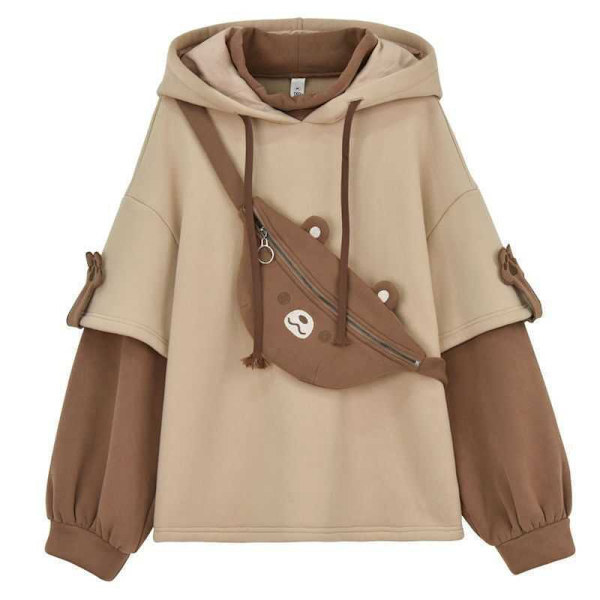 Kvinnors Harajuku Aesthetic Bear Anime Hoodie Koreansk Kawaii Rund Hals Streetwear Kpop Höst och Vinter Kläder Toppar beig brown L