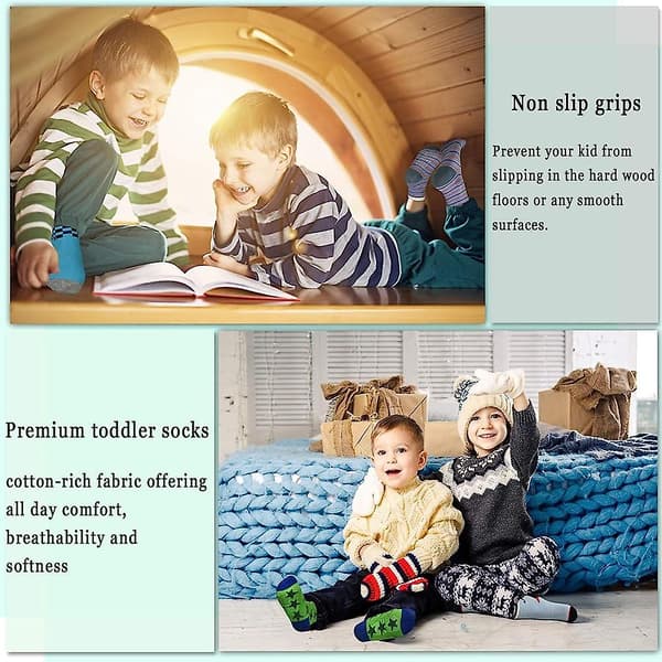 12 Par Toddler Strumpor med Grepp, Halksäkra Botten. Bomullsstrumpor