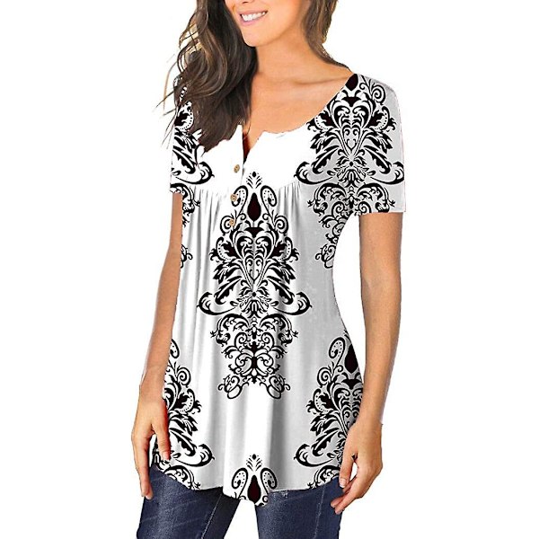 Dame Casual Bluser Topper Løse Plisserte Blomstrete Tunika Skjorter For Kvinner UK V-hals White XXL