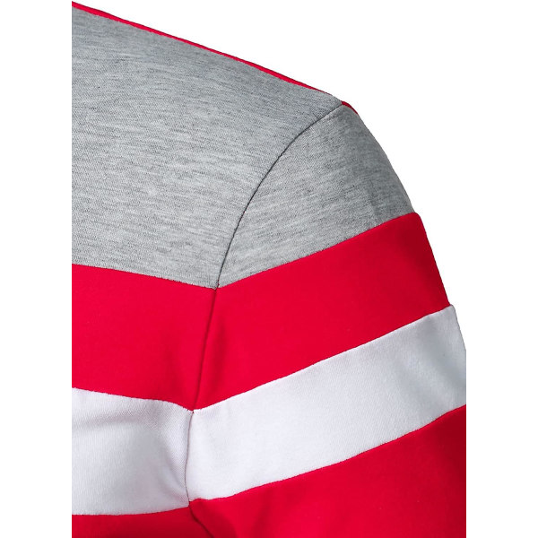 Herr Casual Långärmad Polotröjor Kontrastfärg Patchwork Bomull Tee Toppar Red L