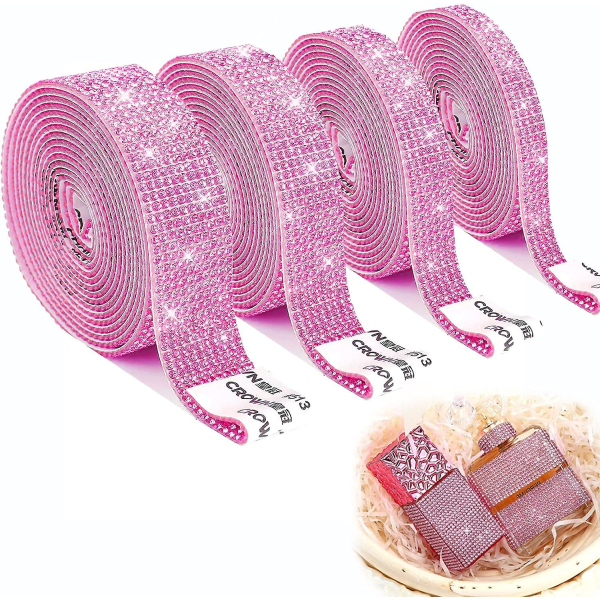 Pink4 självhäftande strassband, kristalldekorationsklistermärke, självhäftande kristall strass diamantband (4 rader + 6 rader + 8 rader + 10 Ro
