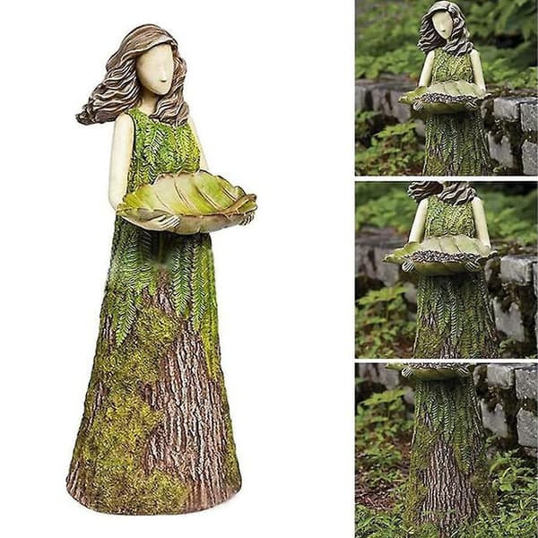 Bregne Fe Statue med Fuglefoder Resin Figur Gudinde Stedsegrøn Udendørs Haveindretning