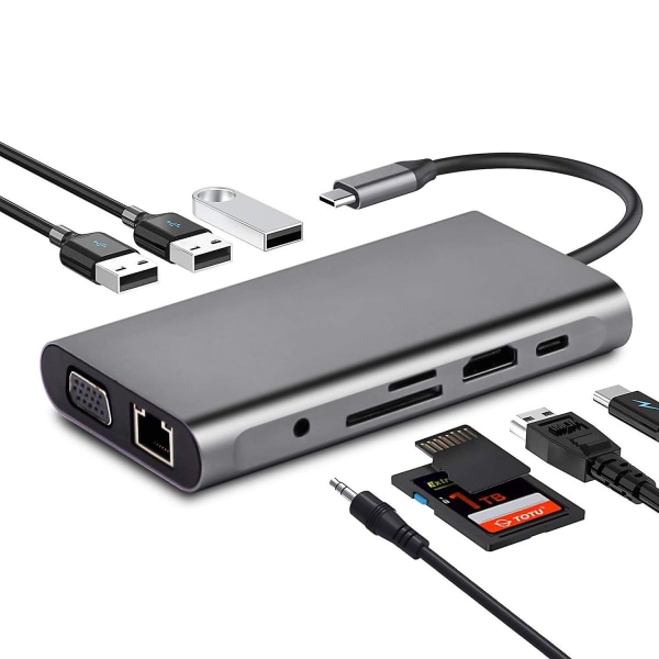 USB C Hub, 10 i 1 USB C Multiport Adapter Med 4k HDMI Vga USB 3.0 100w Pd Och Rj45 Ethernet, USB C Dockningsstation kompatibel med Macbook Pro & Air