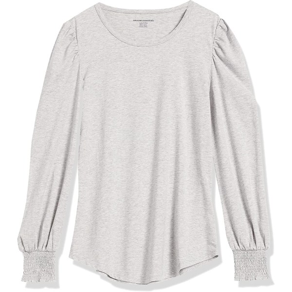 Kvinnors långärmad T-shirt med rund halsringning och smockad manschett Grey Heather XS