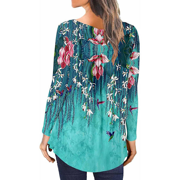 Dame Tunika Topper Ensfarget Plissert V-hals Knapper Bluse Blomstertrykte Damer Vinblack M