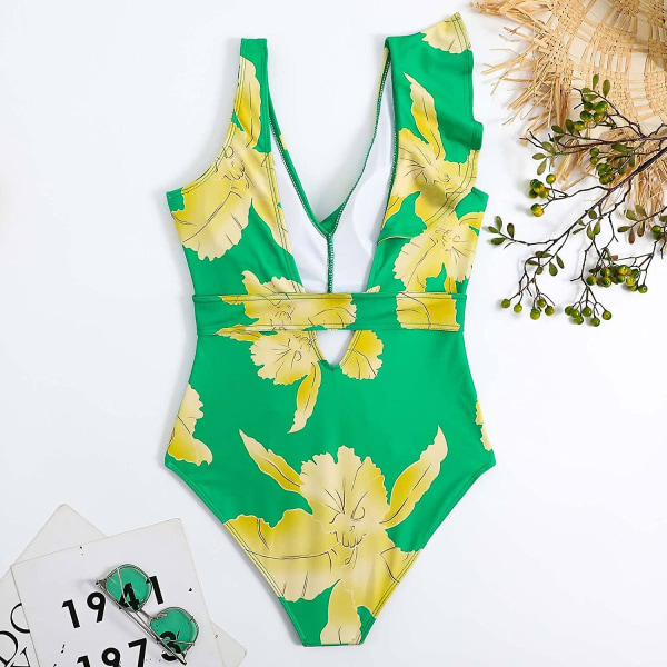 Eldel Badedrakt for Kvinner, Hel Badedrakt, Tettsittende Retro Trykk XL 08 Green