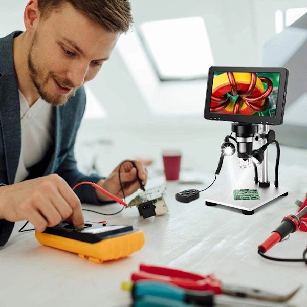 7\" LCD Digital Mikroskop 1200X, 1080P Videomikroskop med Metallstativ, 12MP Ultraprecis Fokus, LED-Fylljus, PC-visning, Windows/Mac OS