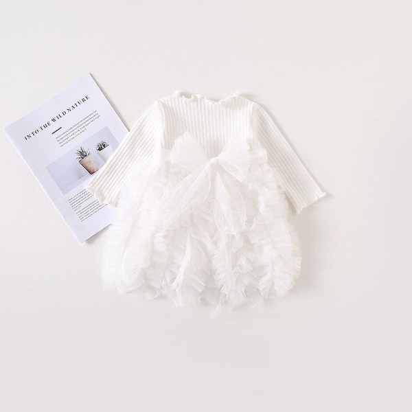 Tårtklänning med långärmad stickad klänning för flickor i tyll tutu kjol White 110cm
