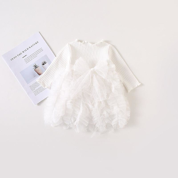 Tyttöjen pitkähihainen neulemekko, tyllihame ja kerrosmekko White 73cm
