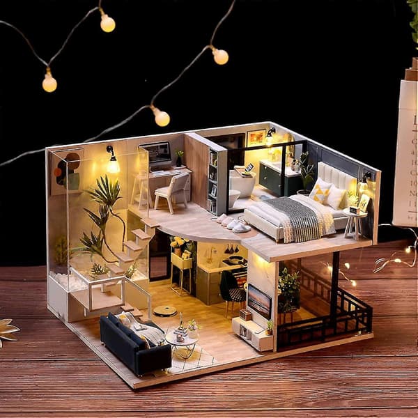 DIY Trähusdocka Kit, Dockhus Miniatyr med Möbler