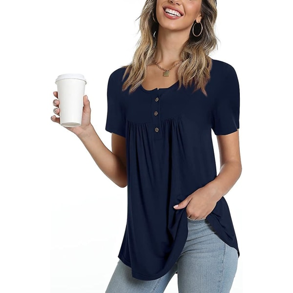 Dame Henley Skjorter til Forår-Sommer Knap Tunic Toppe 2023 Casual Kortærmet Bluse T Navy Blue XL