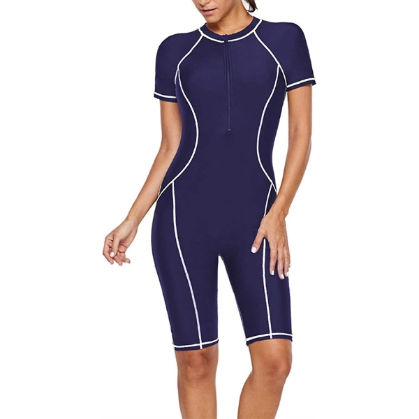 Dam badkläder i ett stycke långärmad rashguard damer våtdräkt atletisk Navy Blue Short Sleeve M