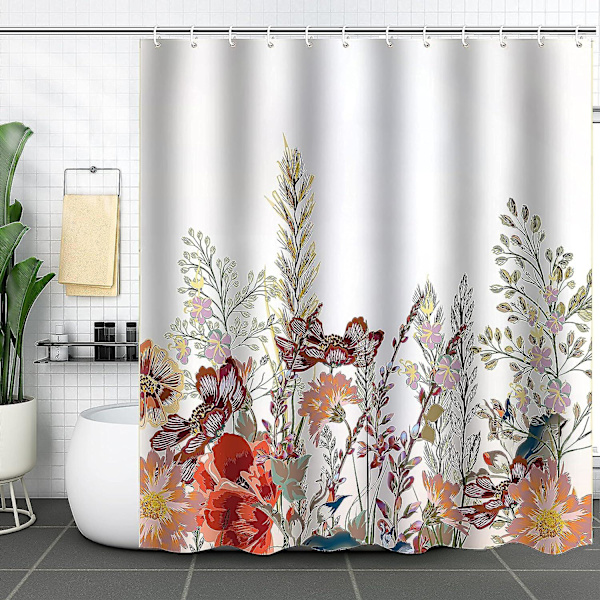 Bruseforhæng, Badeværelsesforhæng med 12 Kroge, Vandtæt Polyester Floral
