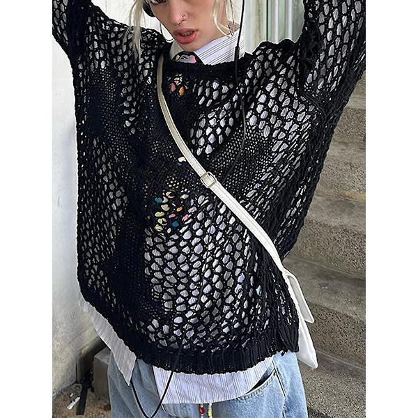 Dame Hul Ud Hæklet Strik Trøje Crop Tops Langærmet Trøje Cropped Style 1 M