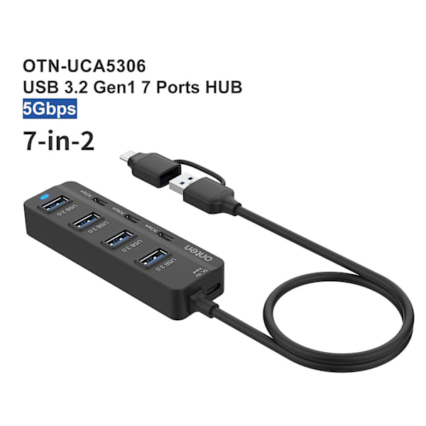 7-in-2 USB/Type-C HUB -sovitin, 4 USB 3.0 + 3 USB-C -telakointiasema, 5 Gbps datamuunnin