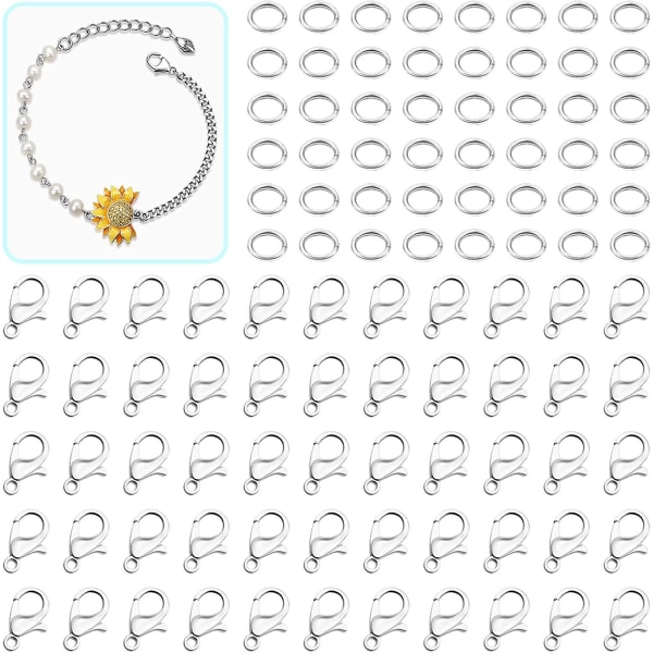 Hummerklor för smyckestillverkning, 240 st smyckeslås och stängningar Hummerklospännen med hoppringar för halsband Armband (silver)