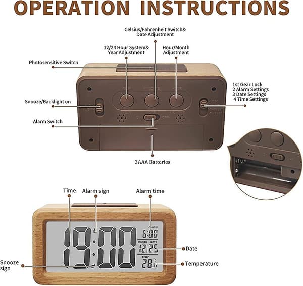 Trädigital väckarklocka, Acsergery stor LED-display, Acsergery 12/24 timmars display, smart sensorpresent