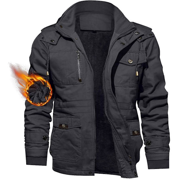 Herrjacka - Casual vinterbomullsjacka Militärjacka Tjock huvtröja Cargo Coat Grey L