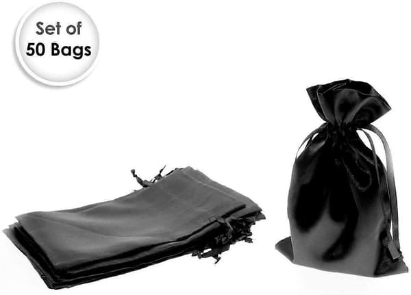 Svart presentpåse i satin, smyckespåse, presentpåse med dragsko för bröllop, 50-pack